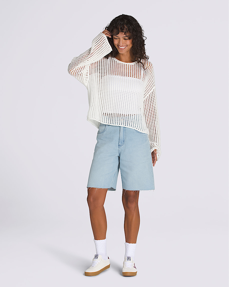 mila open knit crop crew sweater